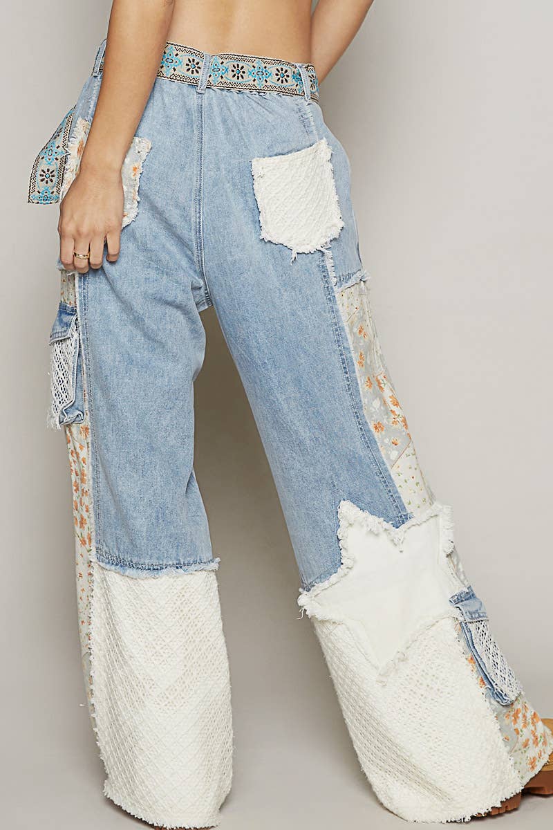 Printed patchwork detail woven twill pants