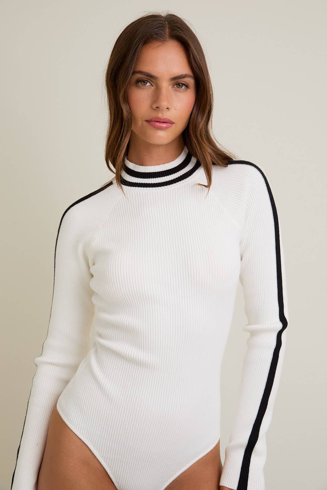 Mock Neck Long Sleeve Stripe Ribbed Bodysuit