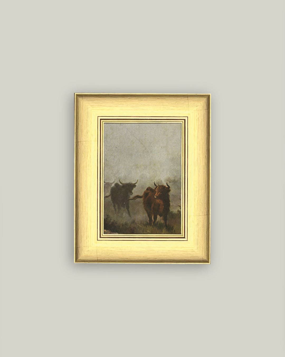 Bulls in a Misty Morning Framed Antique Art