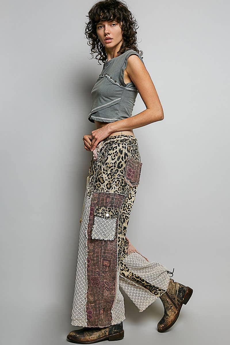 Printed patchwork detail woven twill pants