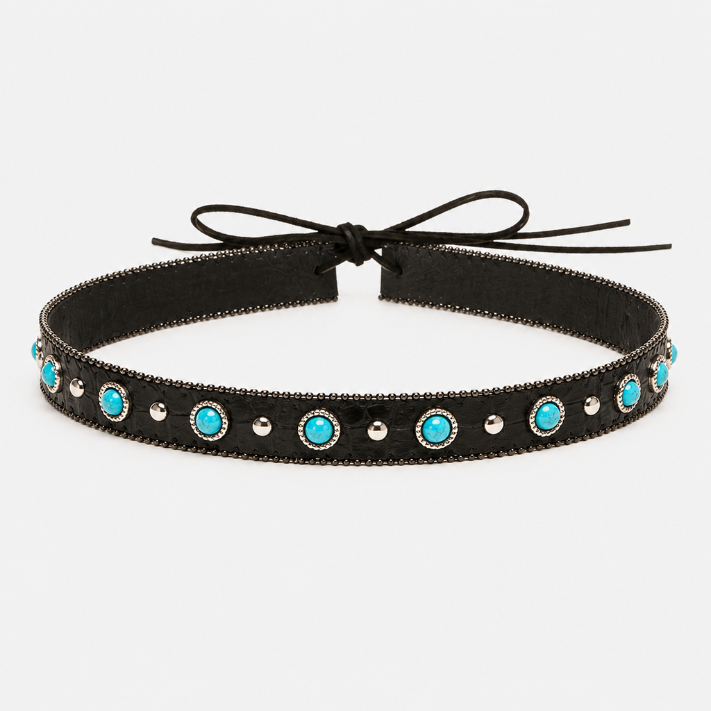 Black Vegan Leather Hat Band with Turquoise Stones