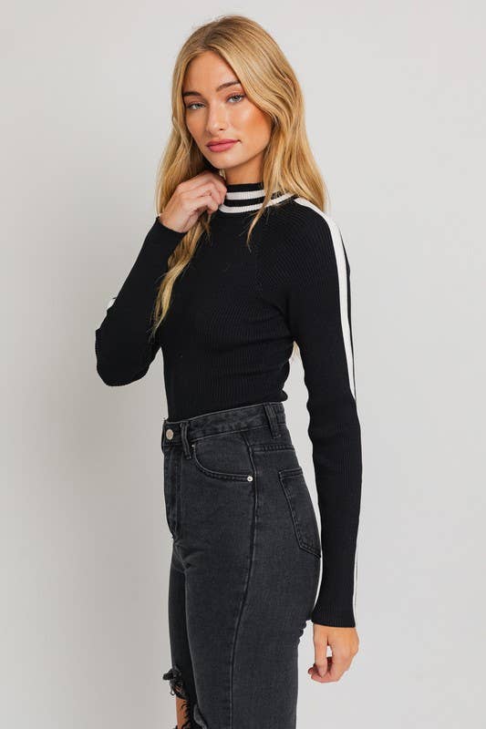 Mock Neck Long Sleeve Stripe Ribbed Bodysuit