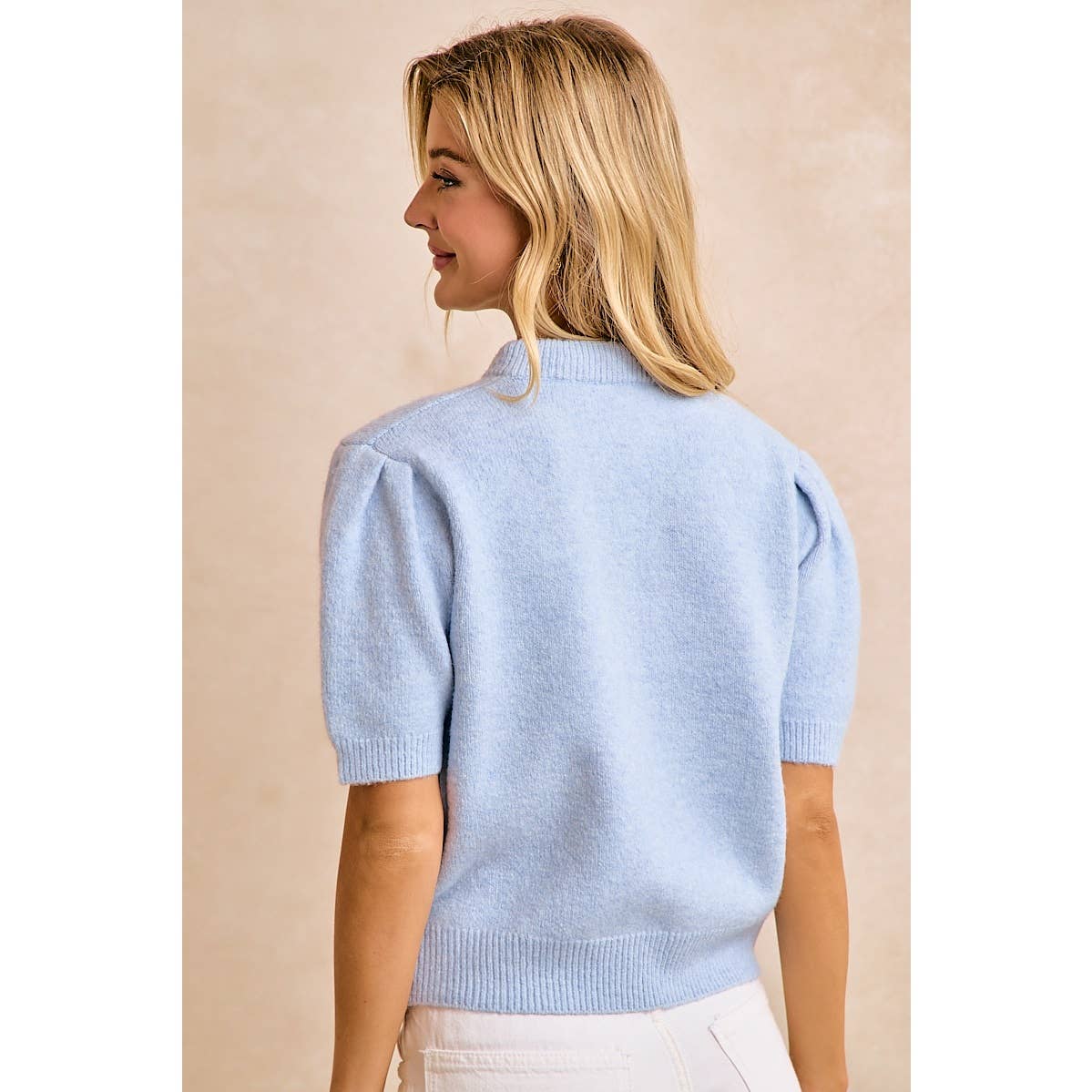 LIGHT BLUE BOW TIE SHORT SLEEVE KNIT CARDIGAN