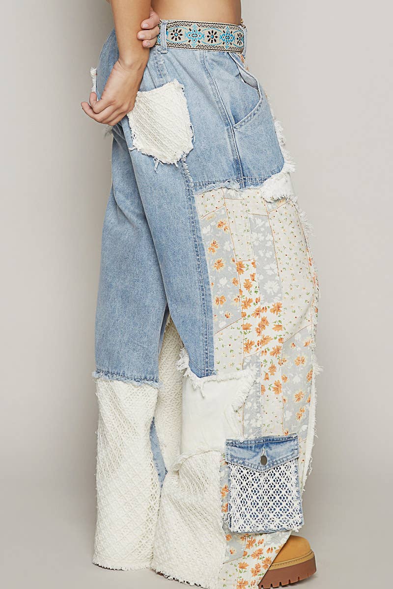 Printed patchwork detail woven twill pants