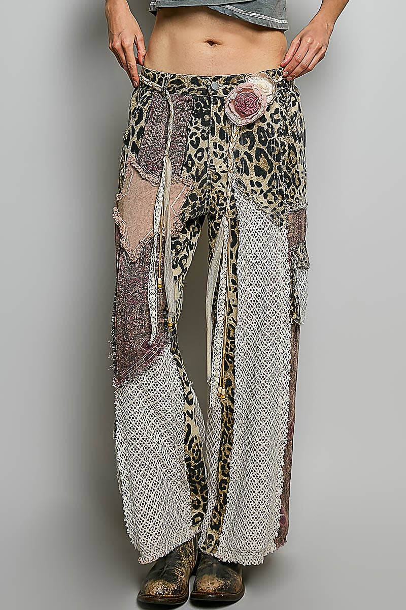 Printed patchwork detail woven twill pants