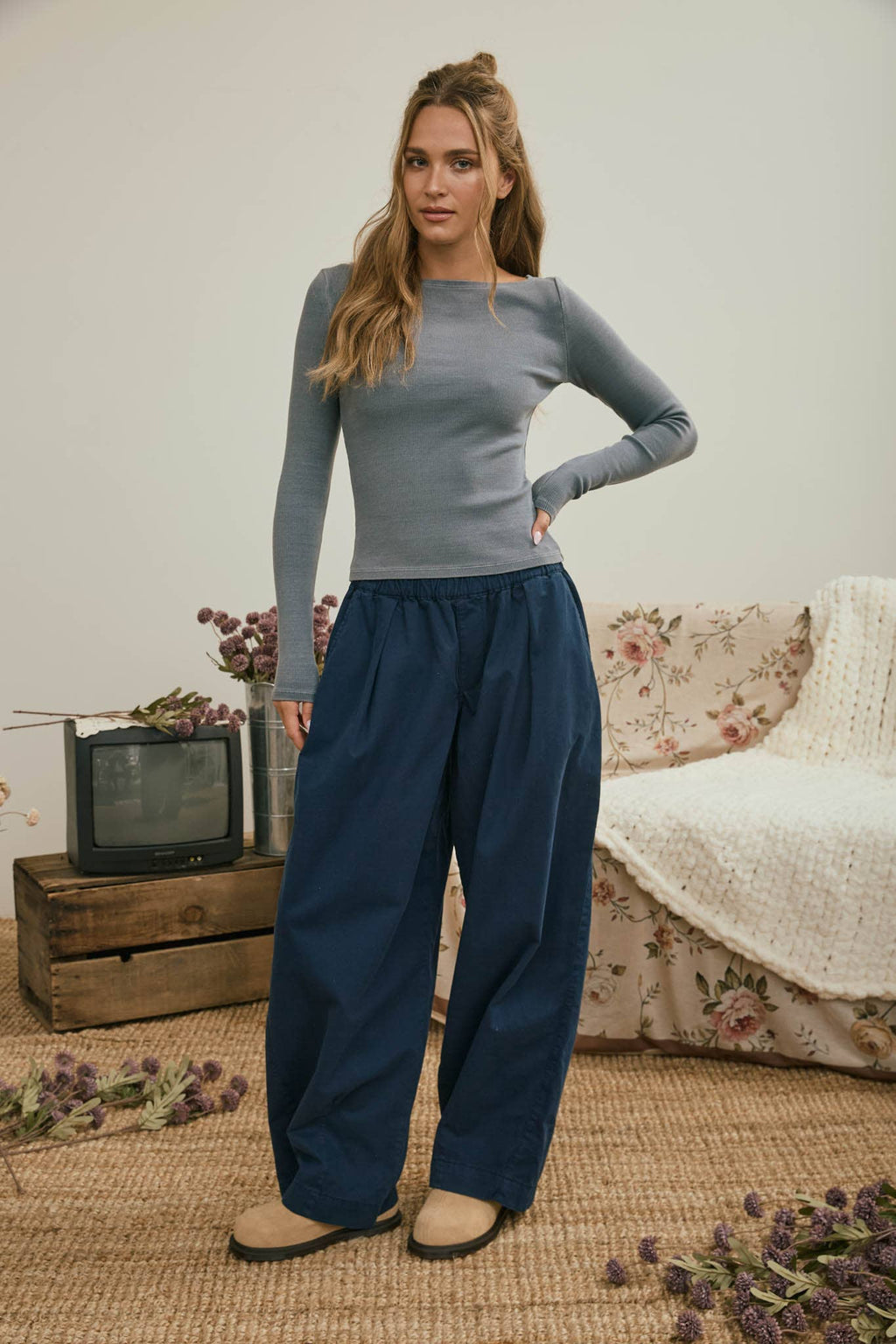 Boat Neck Ribbed Long Sleeve