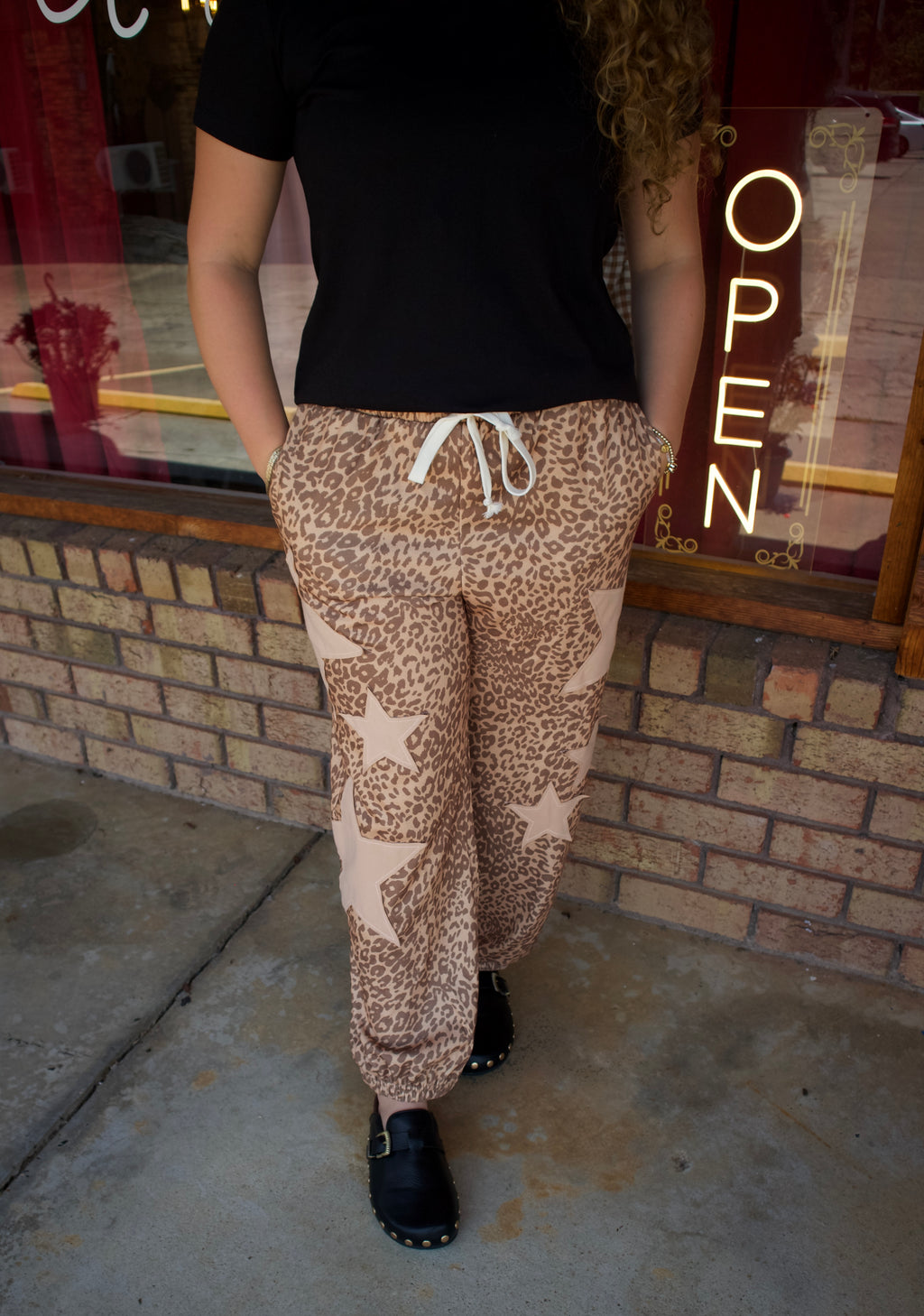 Leopard Print Star Patched Elastic Waist Jogger Pants