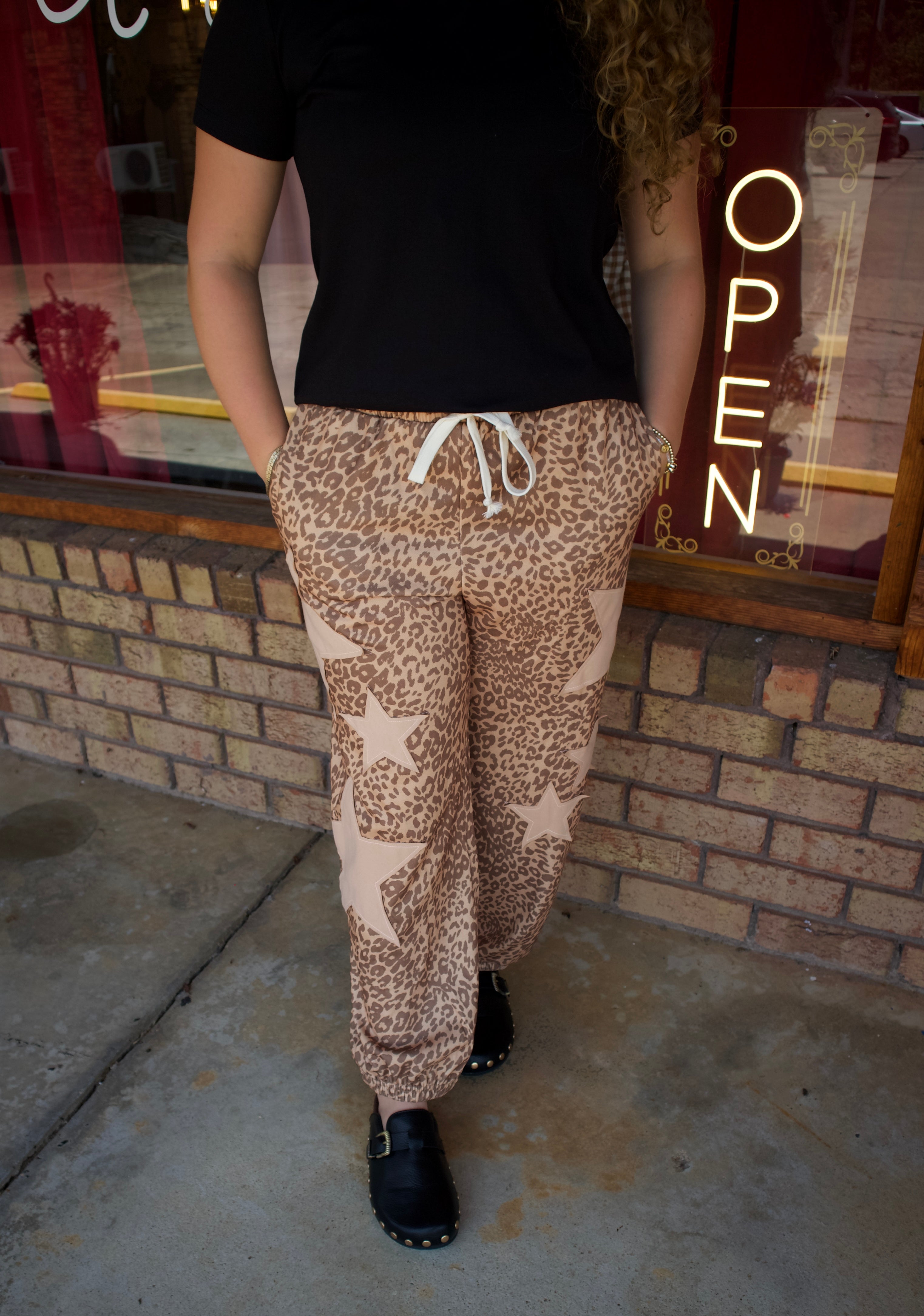 Leopard Print Star Patched Elastic Waist Jogger Pants