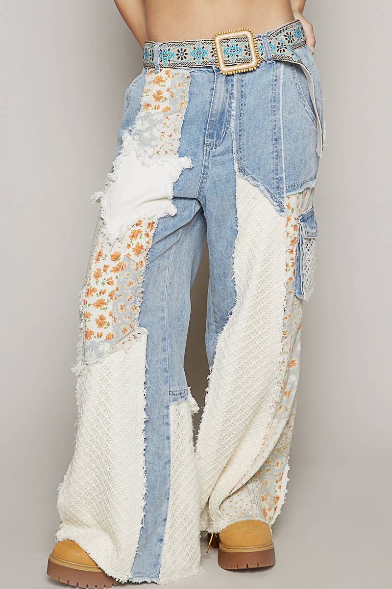 Printed patchwork detail woven twill pants