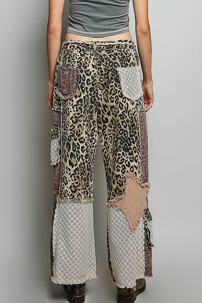 Printed patchwork detail woven twill pants