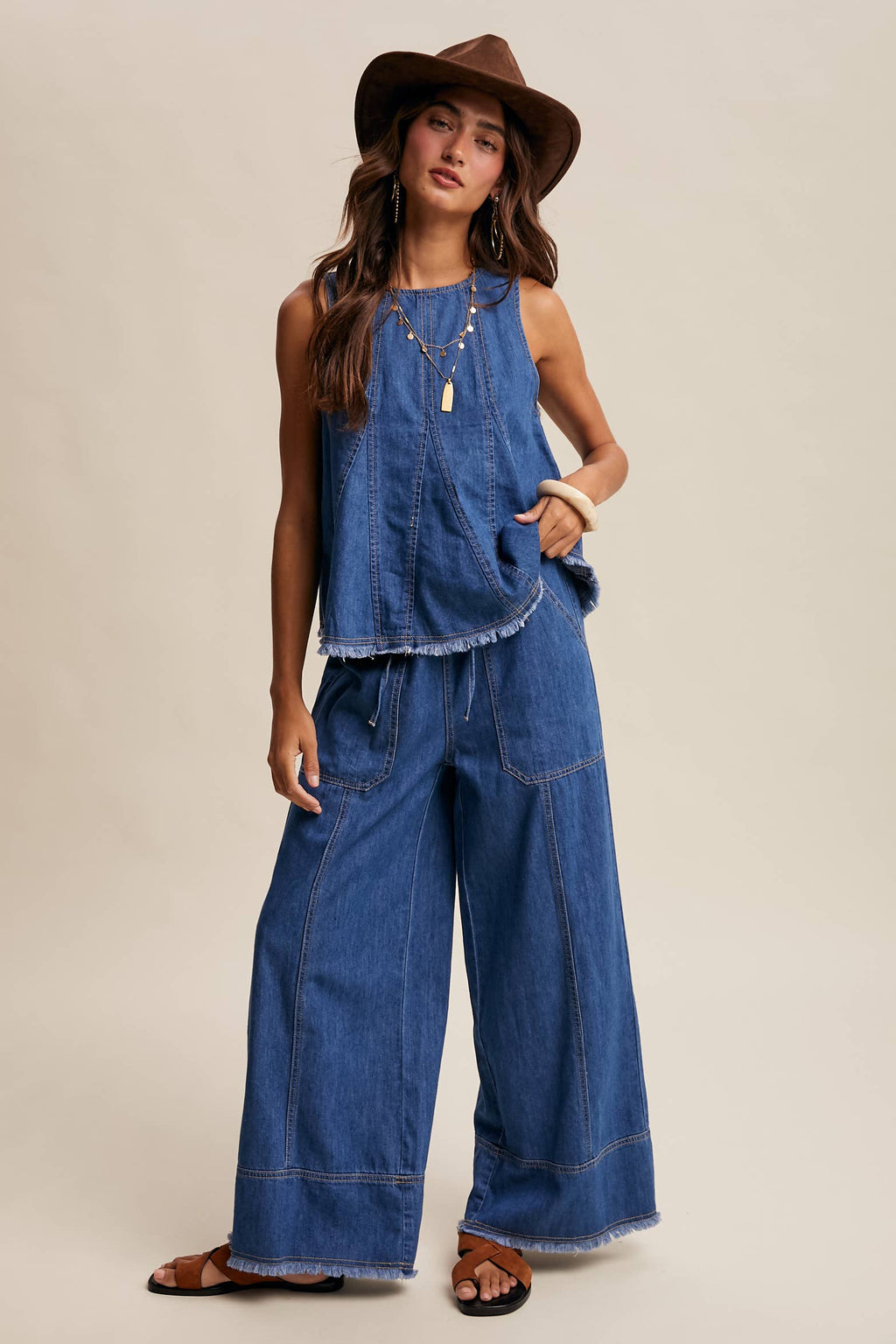 Washed Denim Wide-Leg Pants
