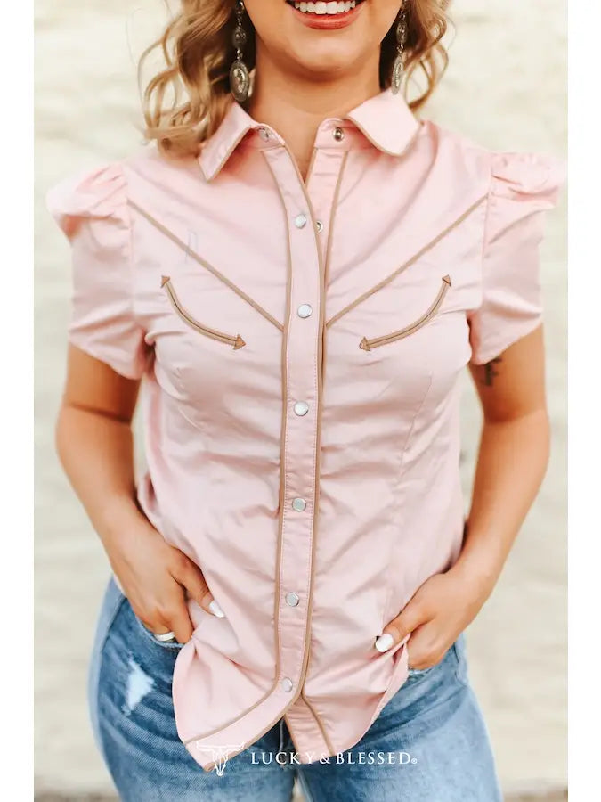 Contrast Arrow Puff Sleeve Pearl Snap