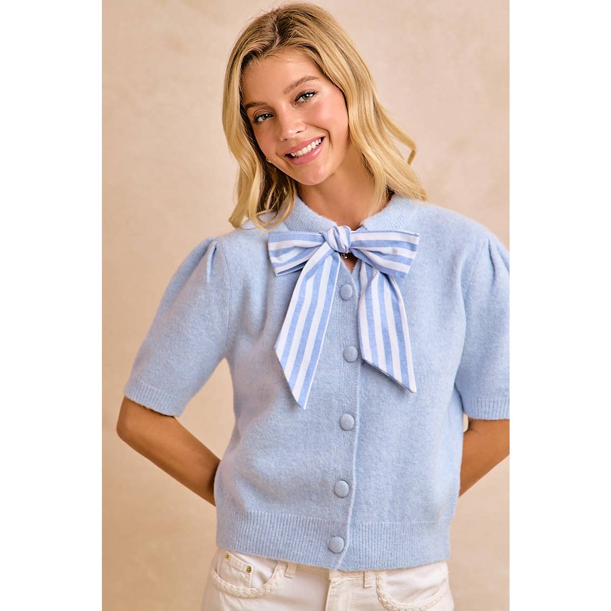 LIGHT BLUE BOW TIE SHORT SLEEVE KNIT CARDIGAN