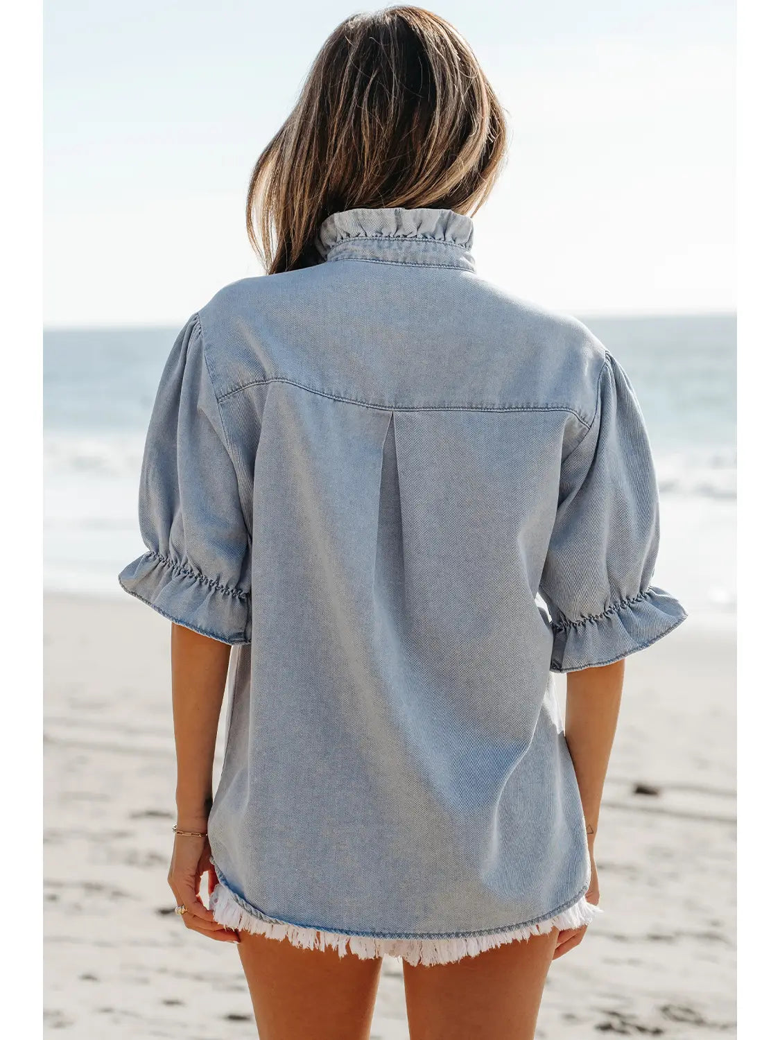 Ruffle Short Puff Sleeve Chambray Denim Shirt