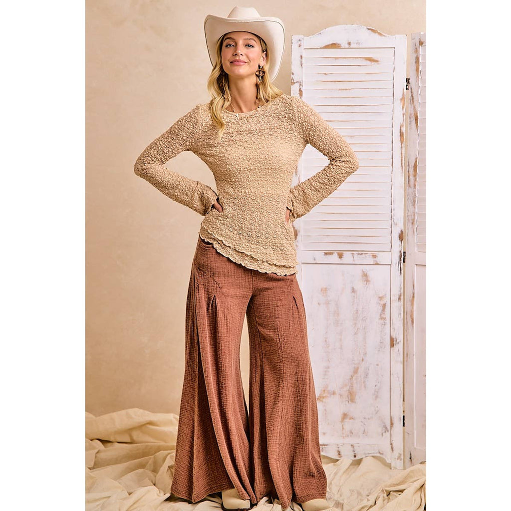 TEXTURED LACE KNIT DIAGONAL HEMLINE BELL SLEEVES TOP