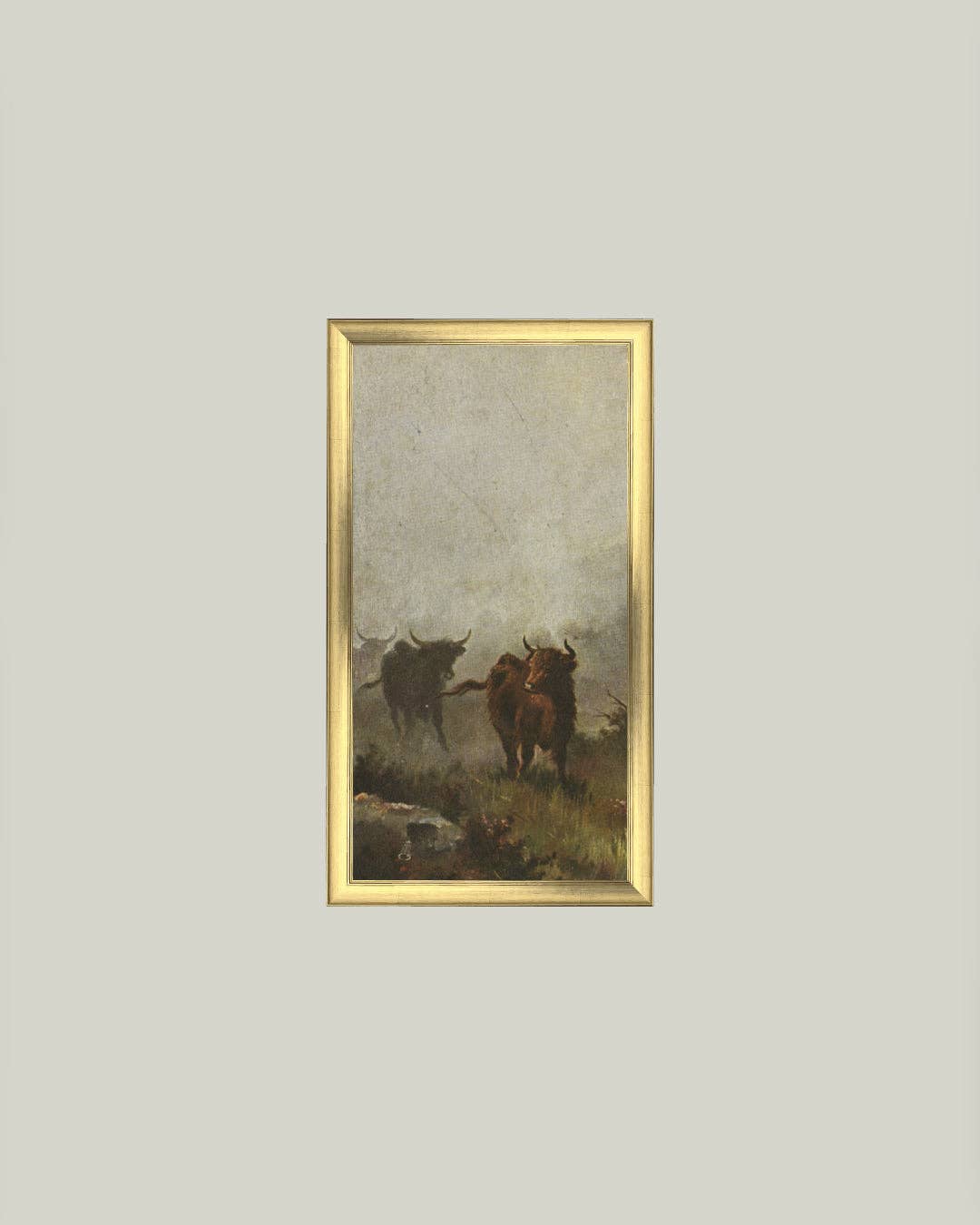 Bulls in a Misty Morning Framed Antique Art
