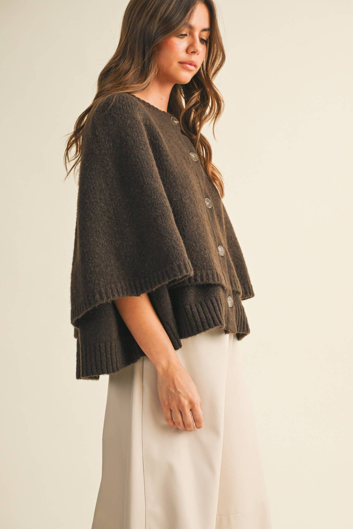 Button Front Tiered Knit Capelet