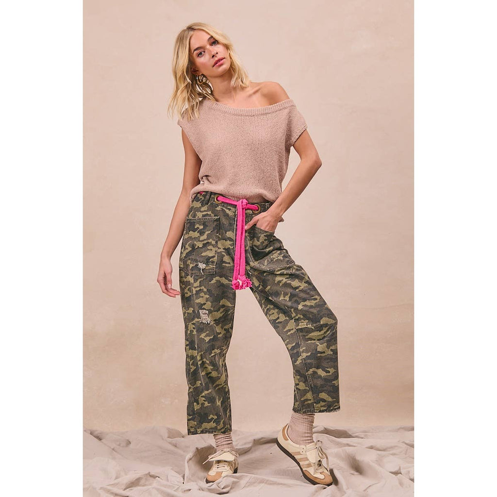 BRAIDED WAIST BELT PATCH CAMOUFLAGE PRINT PANTS