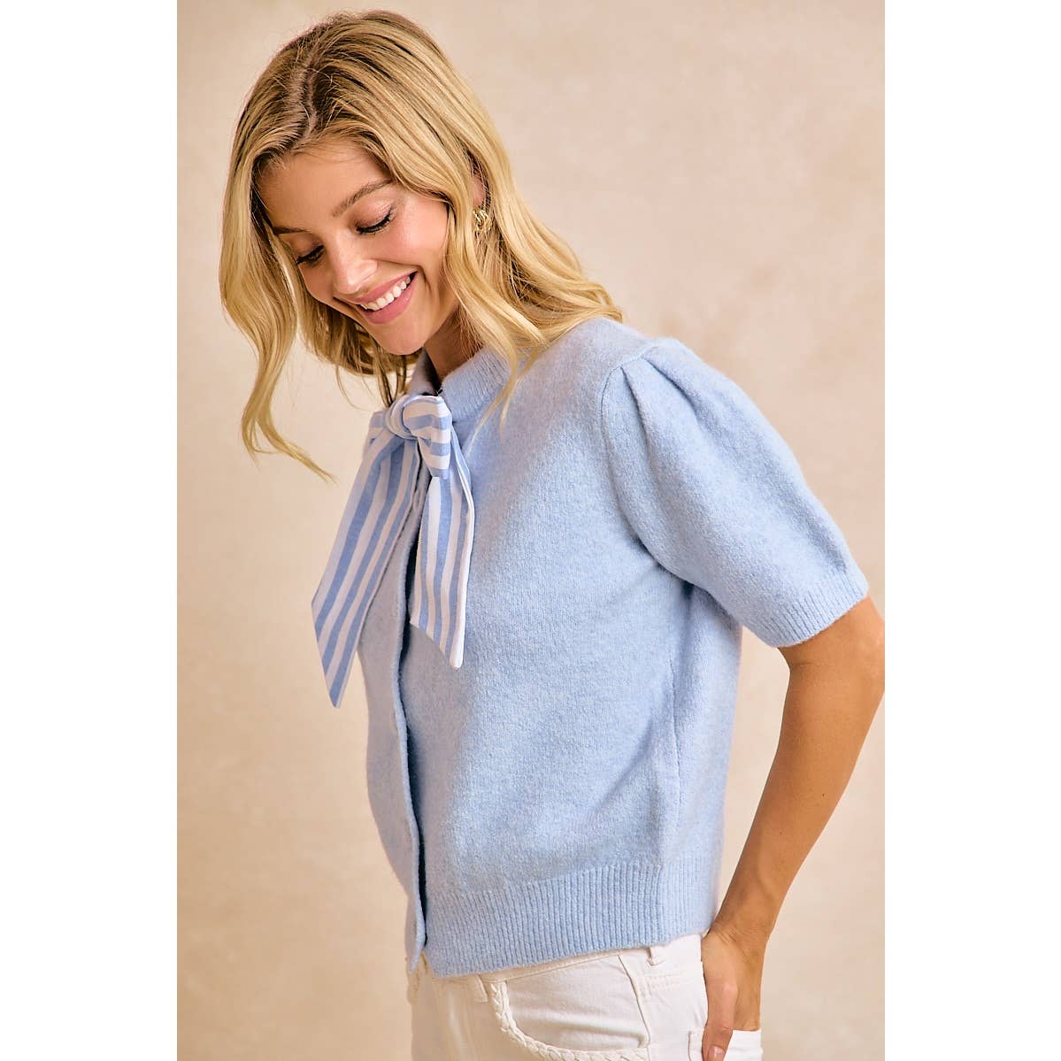 LIGHT BLUE BOW TIE SHORT SLEEVE KNIT CARDIGAN