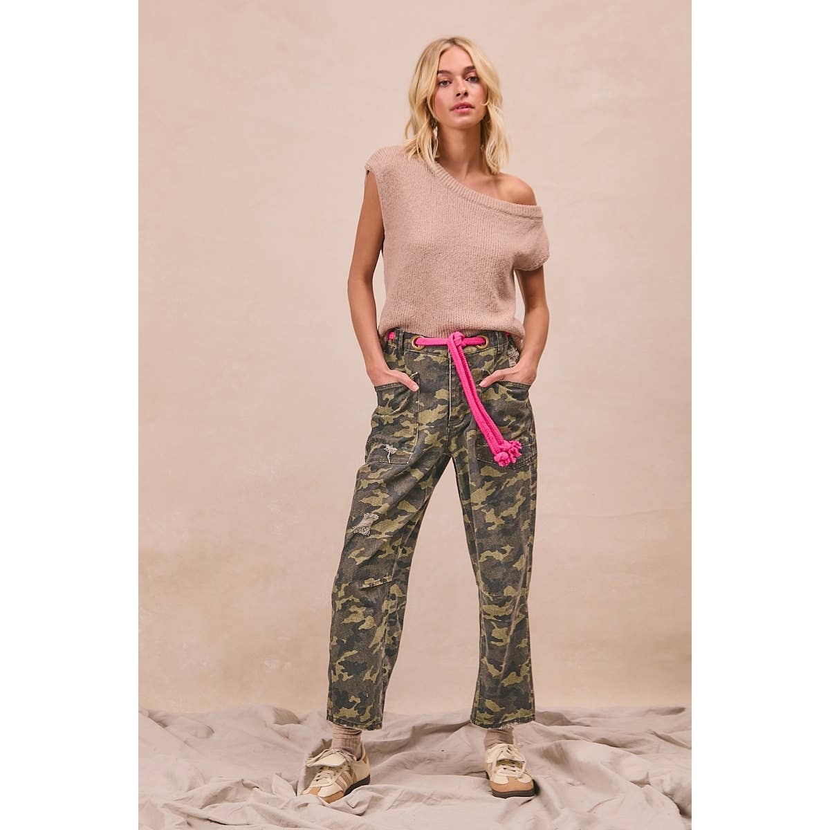 BRAIDED WAIST BELT PATCH CAMOUFLAGE PRINT PANTS