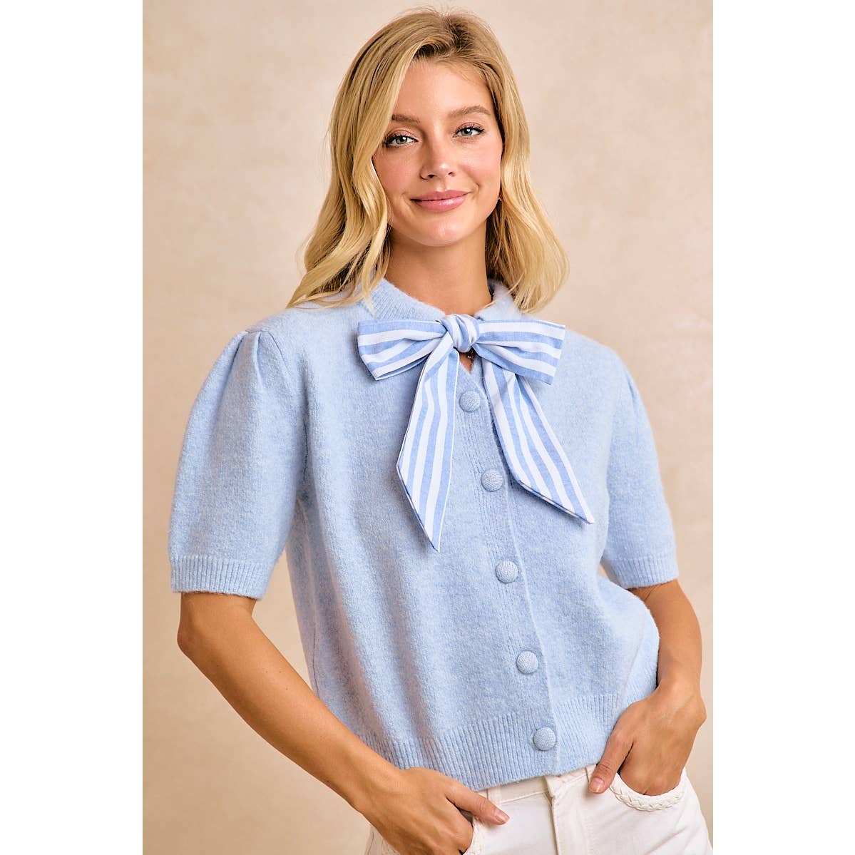 LIGHT BLUE BOW TIE SHORT SLEEVE KNIT CARDIGAN