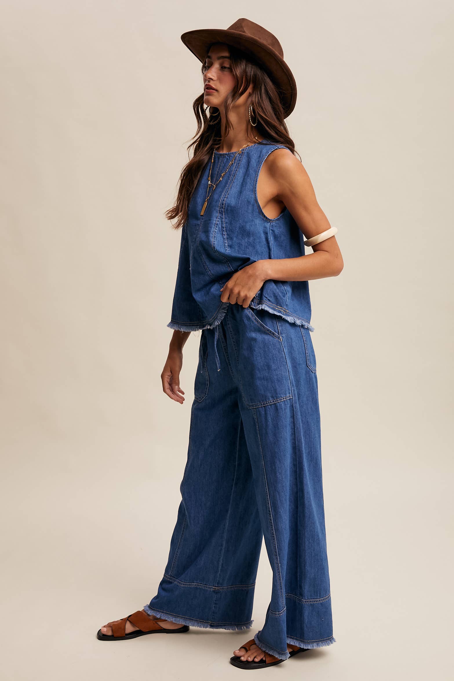 Washed Denim Wide-Leg Pants