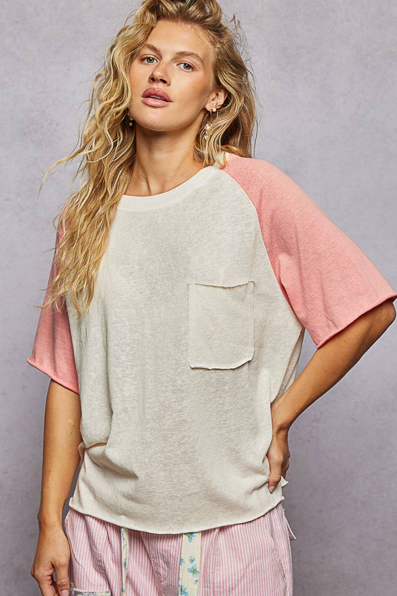Round Neck Short Sleeve Contrast Knit Top SALE