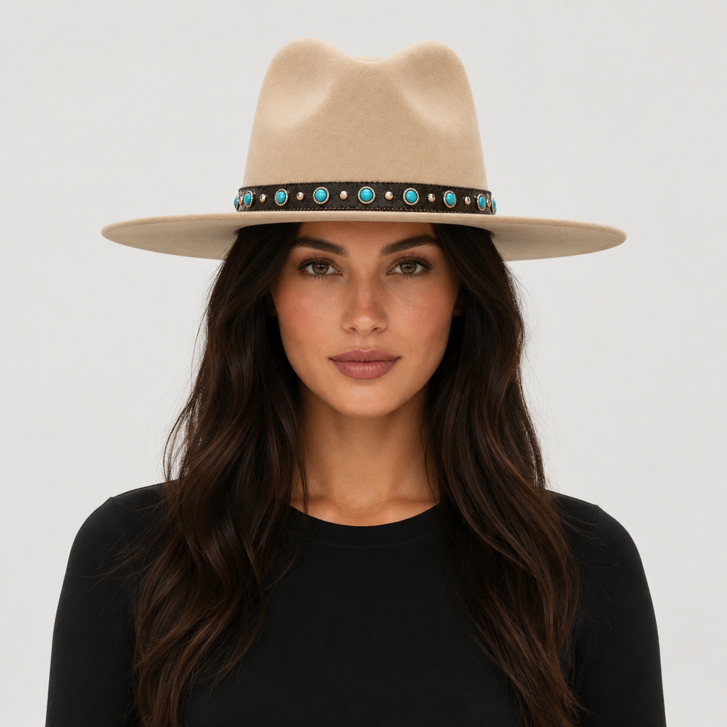 Black Vegan Leather Hat Band with Turquoise Stones