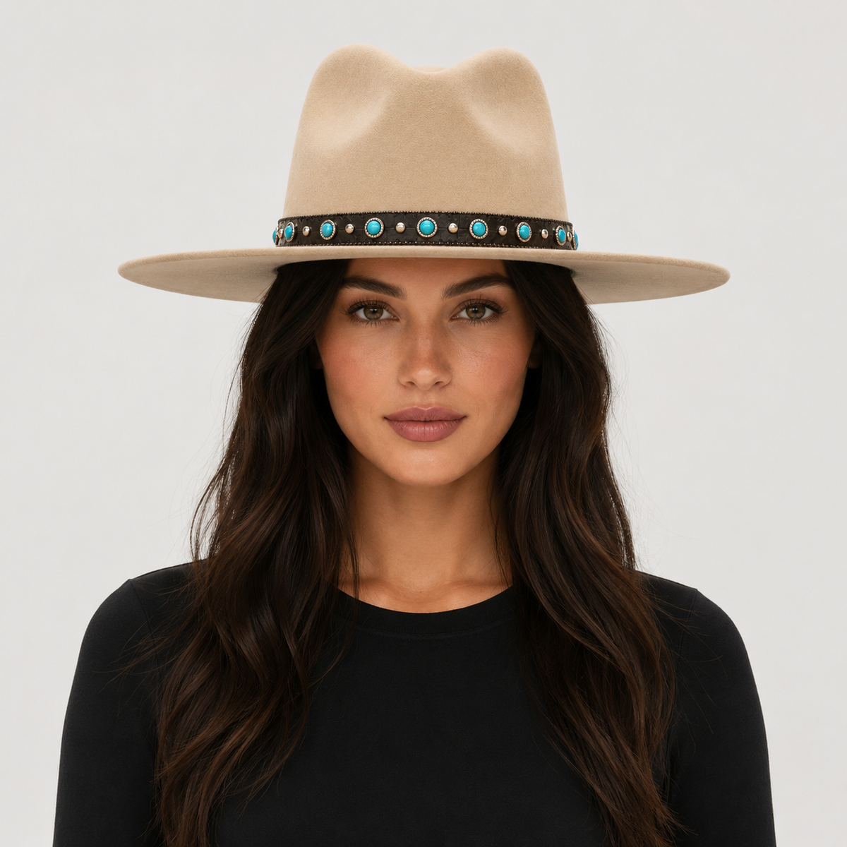 Black Vegan Leather Hat Band with Turquoise Stones