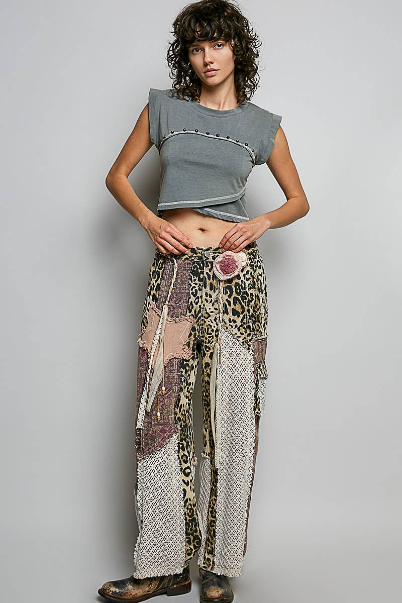 Printed patchwork detail woven twill pants