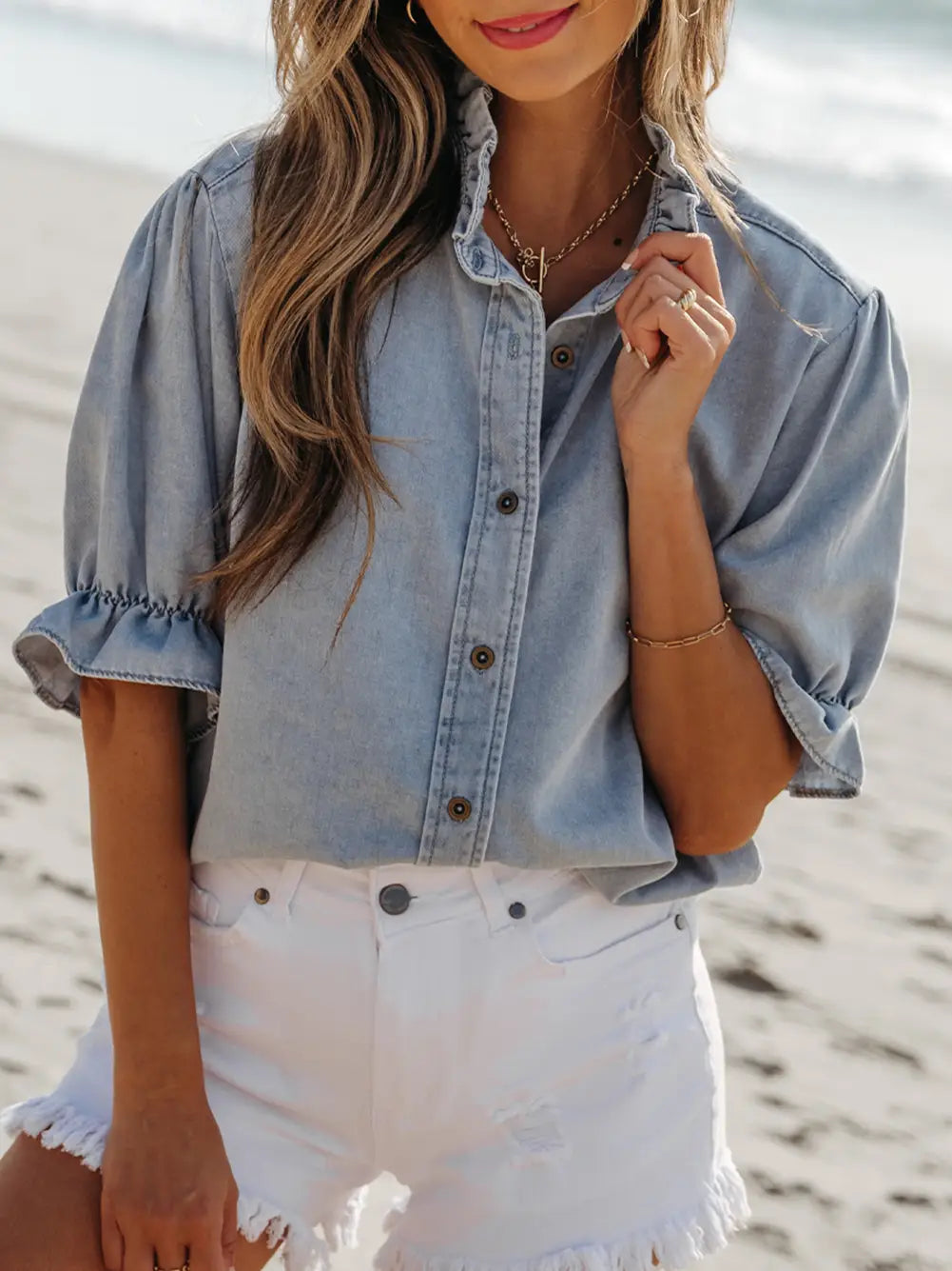 Ruffle Short Puff Sleeve Chambray Denim Shirt