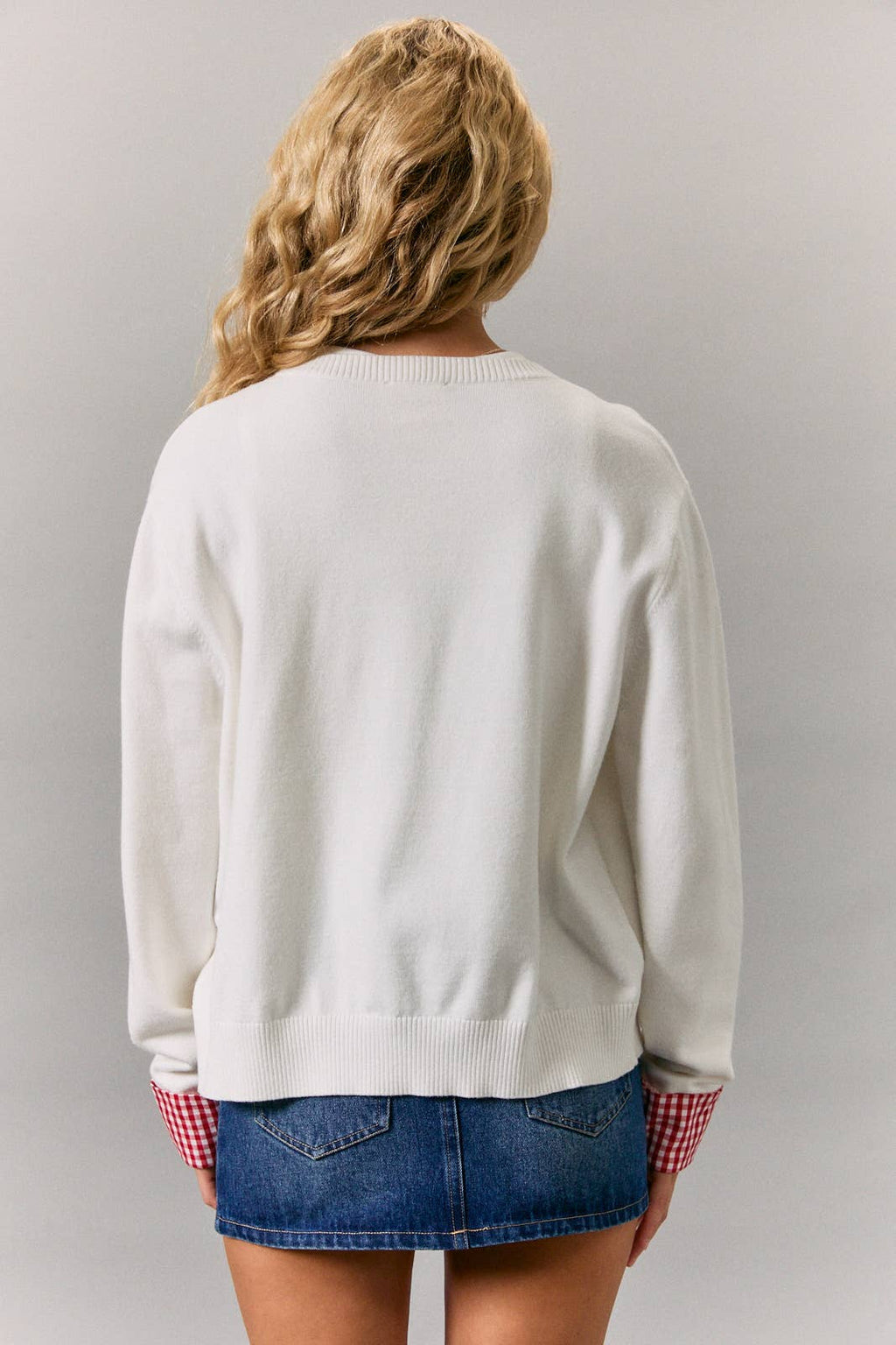 GINGHAM DETAIL KNIT SWEATER CARDIGAN