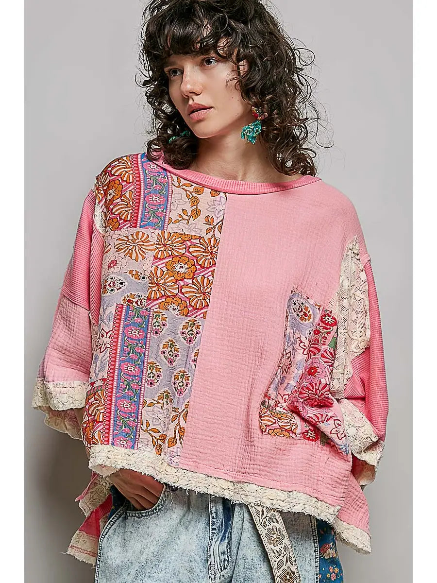 Round Neck Double Gauze Floral Top