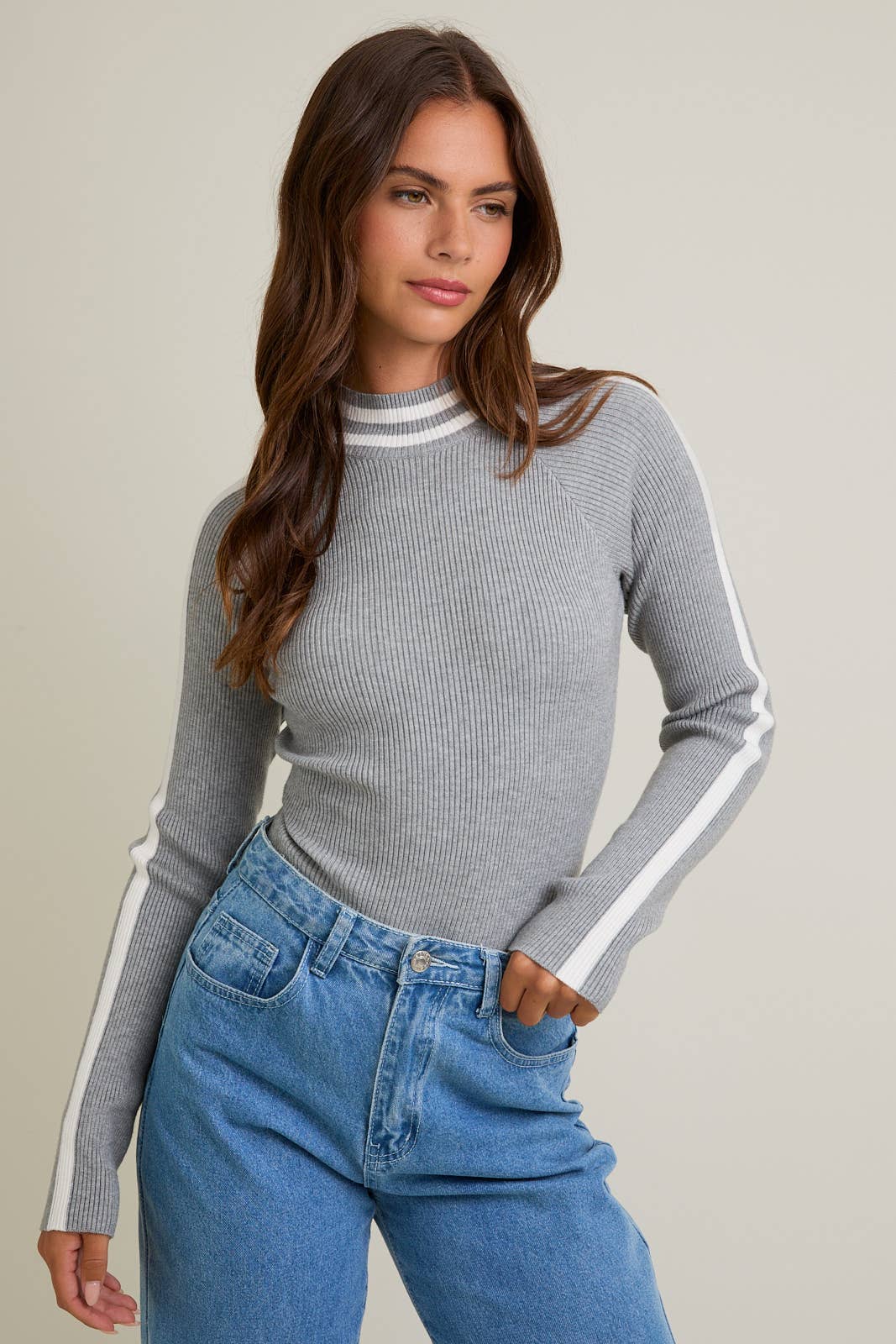 Mock Neck Long Sleeve Stripe Ribbed Bodysuit