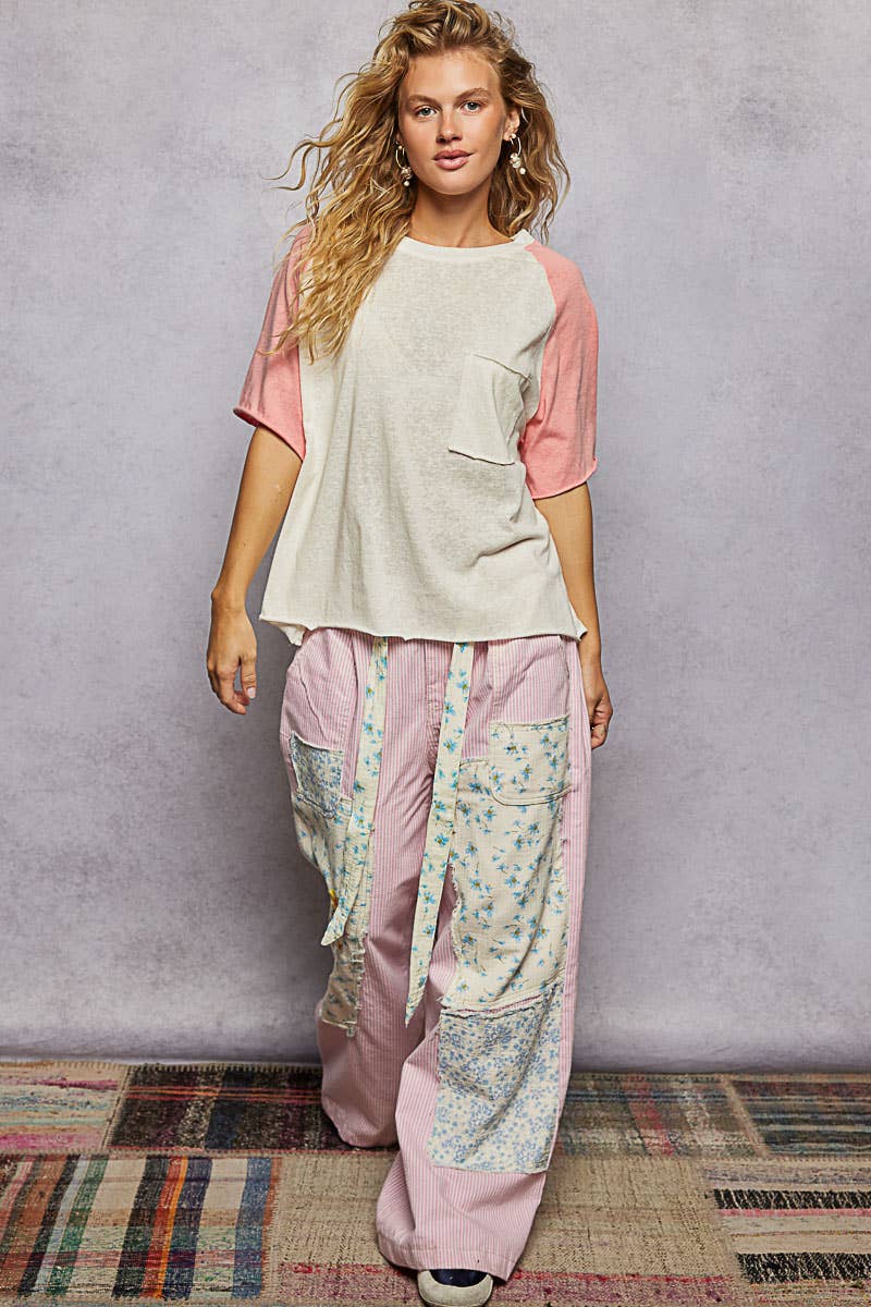 Round Neck Short Sleeve Contrast Knit Top SALE