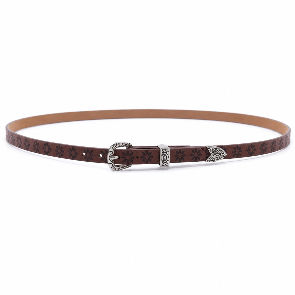 Western Floral Leather Hat Band with Silver Buckle