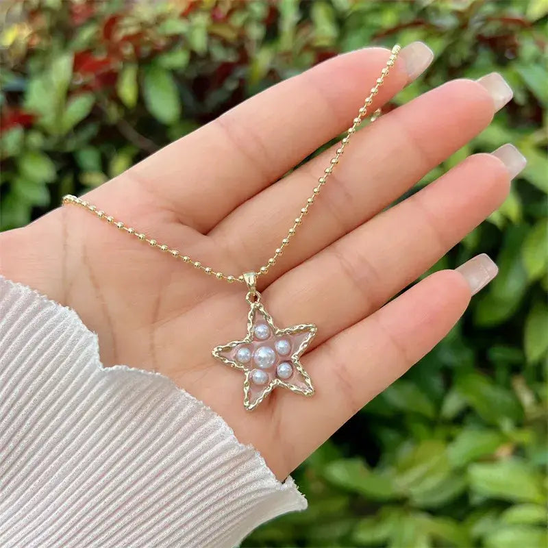 Beaded Necklace with Heart or Star Pendant with Pearls