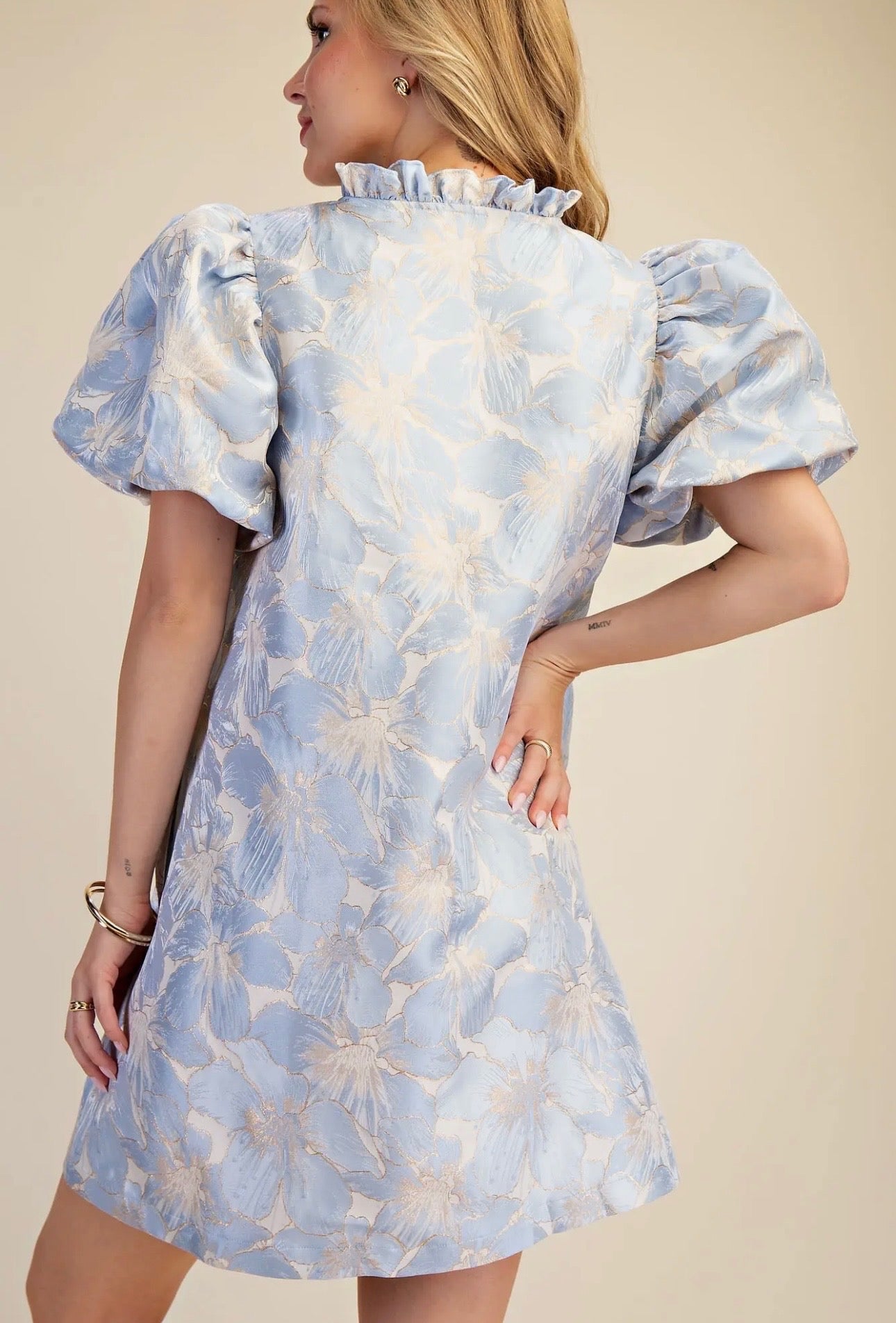 Ruffle v-neck puff sleeve mini dress