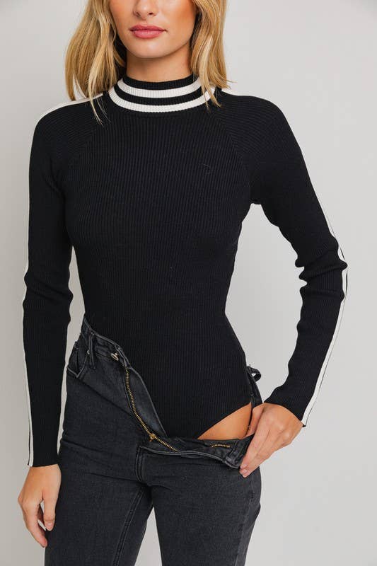 Mock Neck Long Sleeve Stripe Ribbed Bodysuit