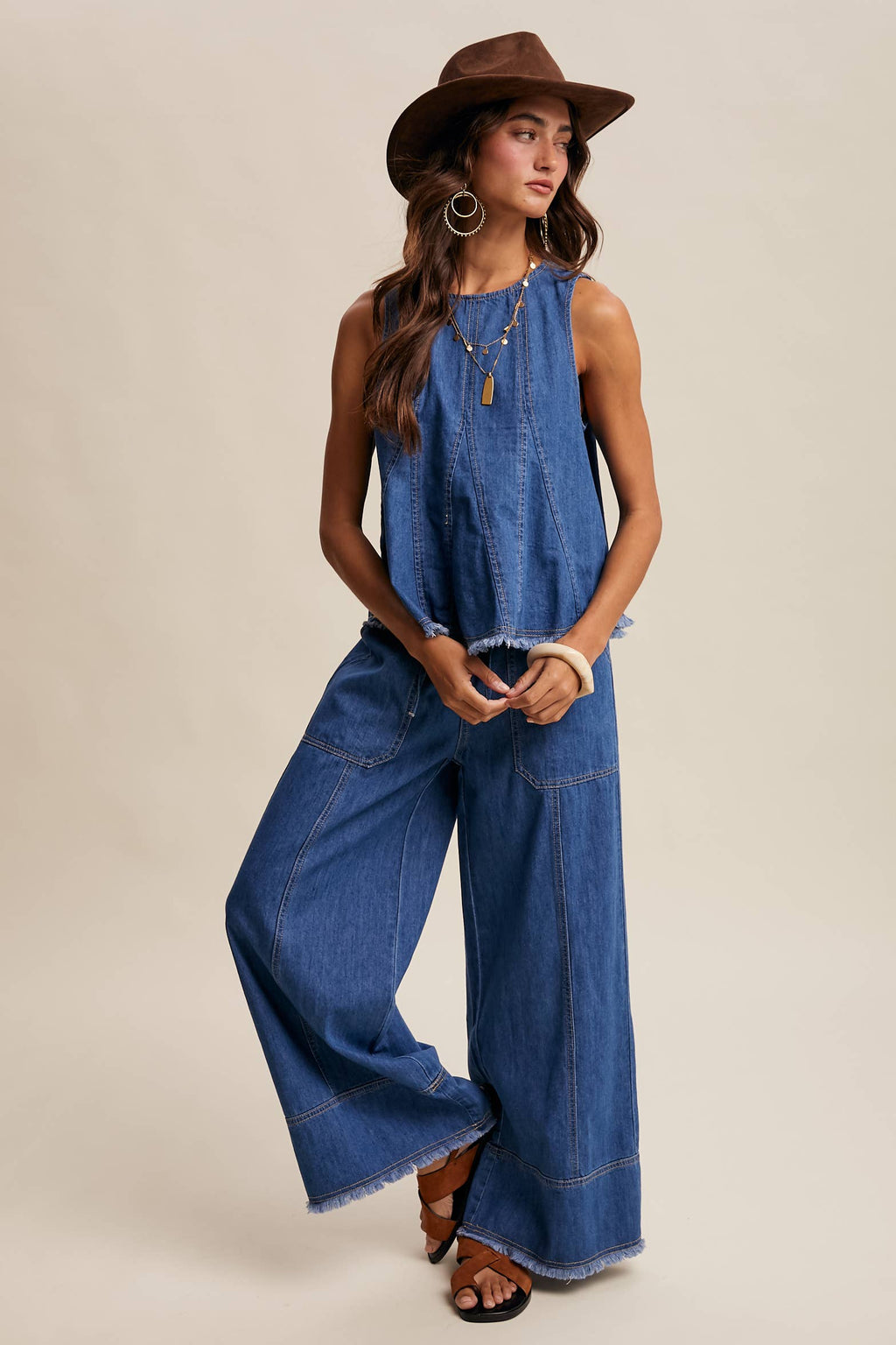 Washed Denim Wide-Leg Pants