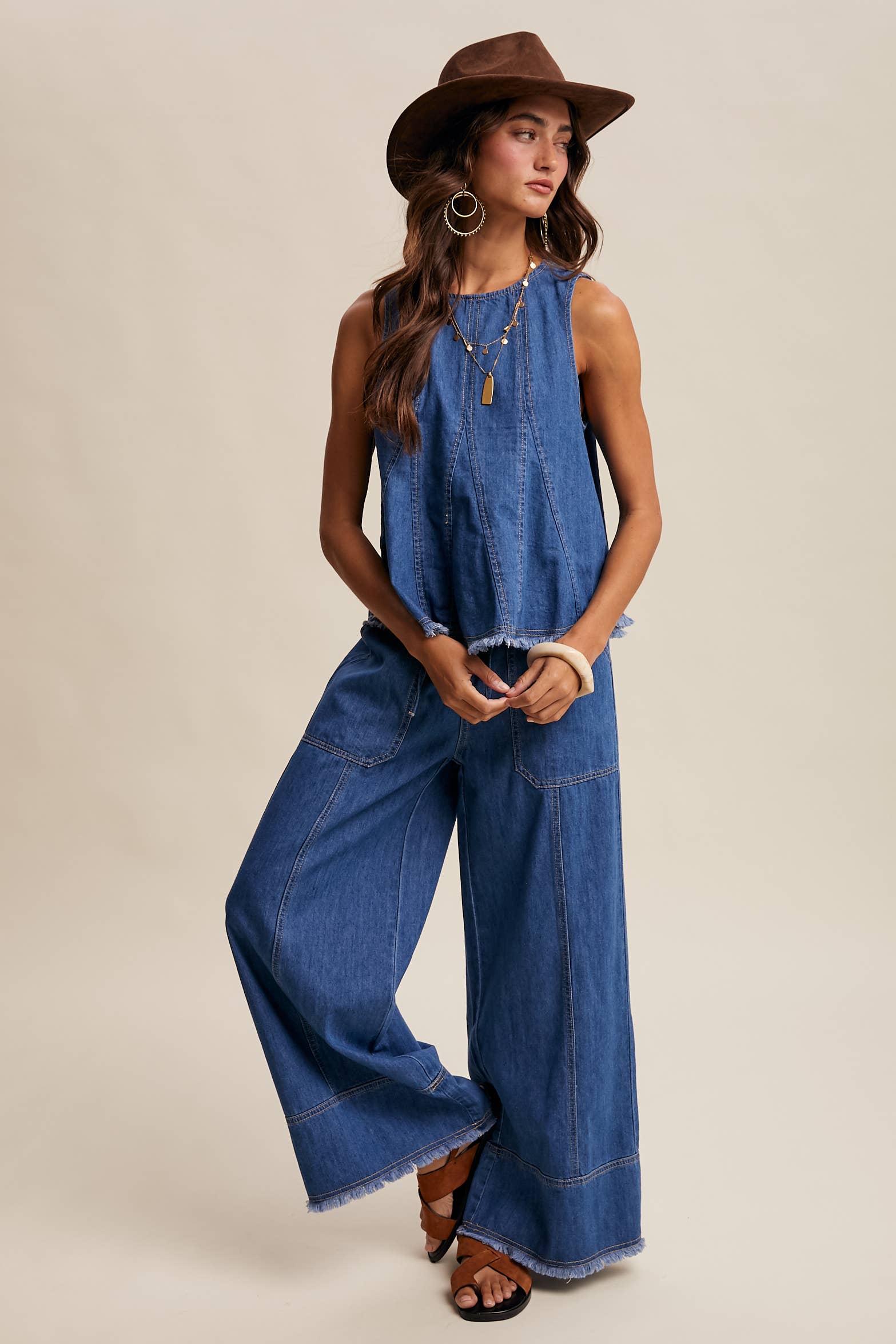 Washed Denim Wide-Leg Pants