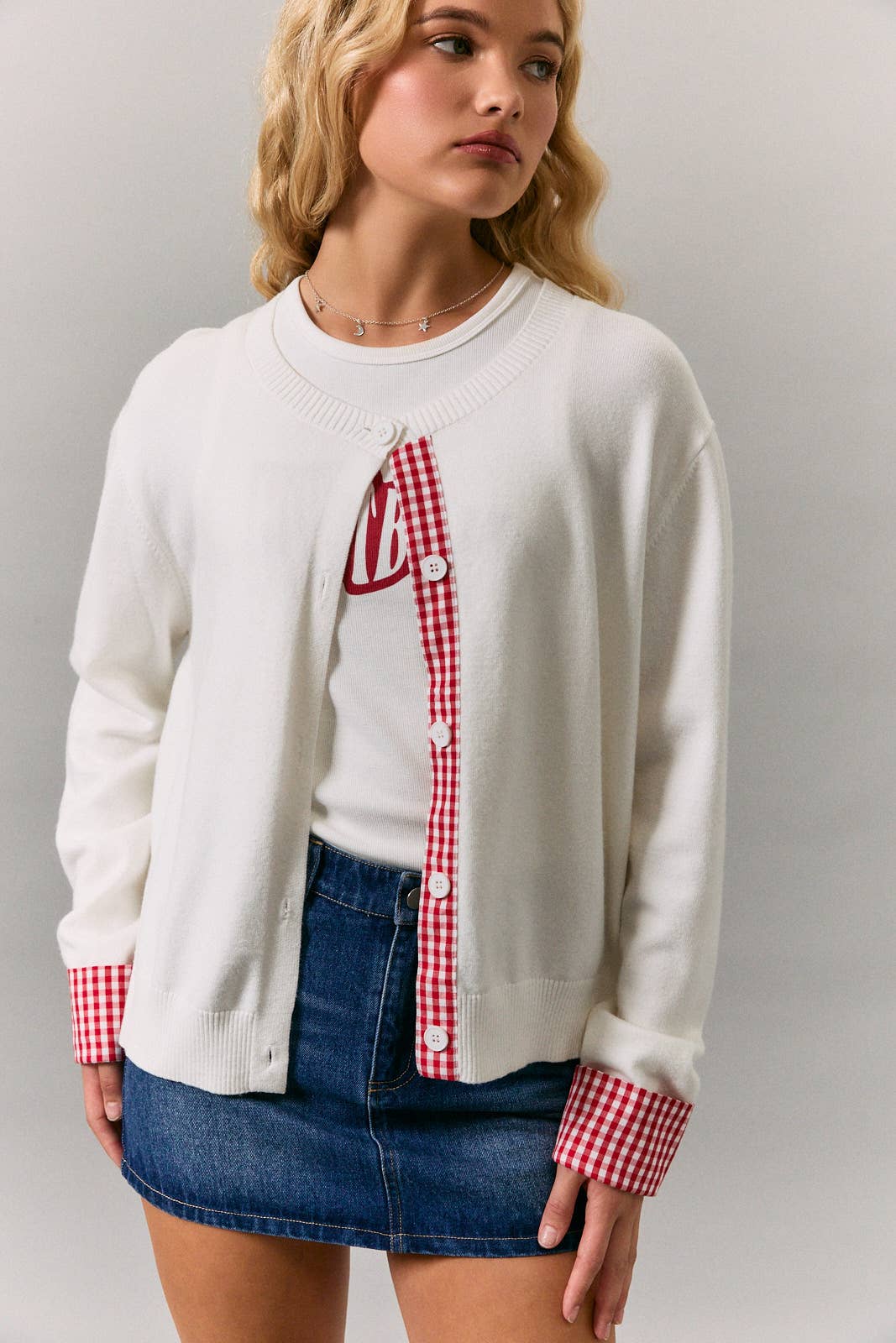GINGHAM DETAIL KNIT SWEATER CARDIGAN
