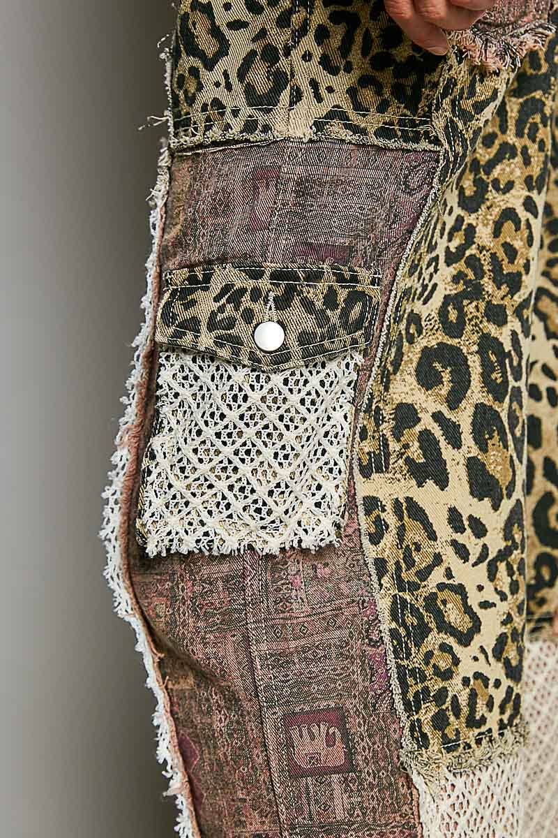 Printed patchwork detail woven twill pants
