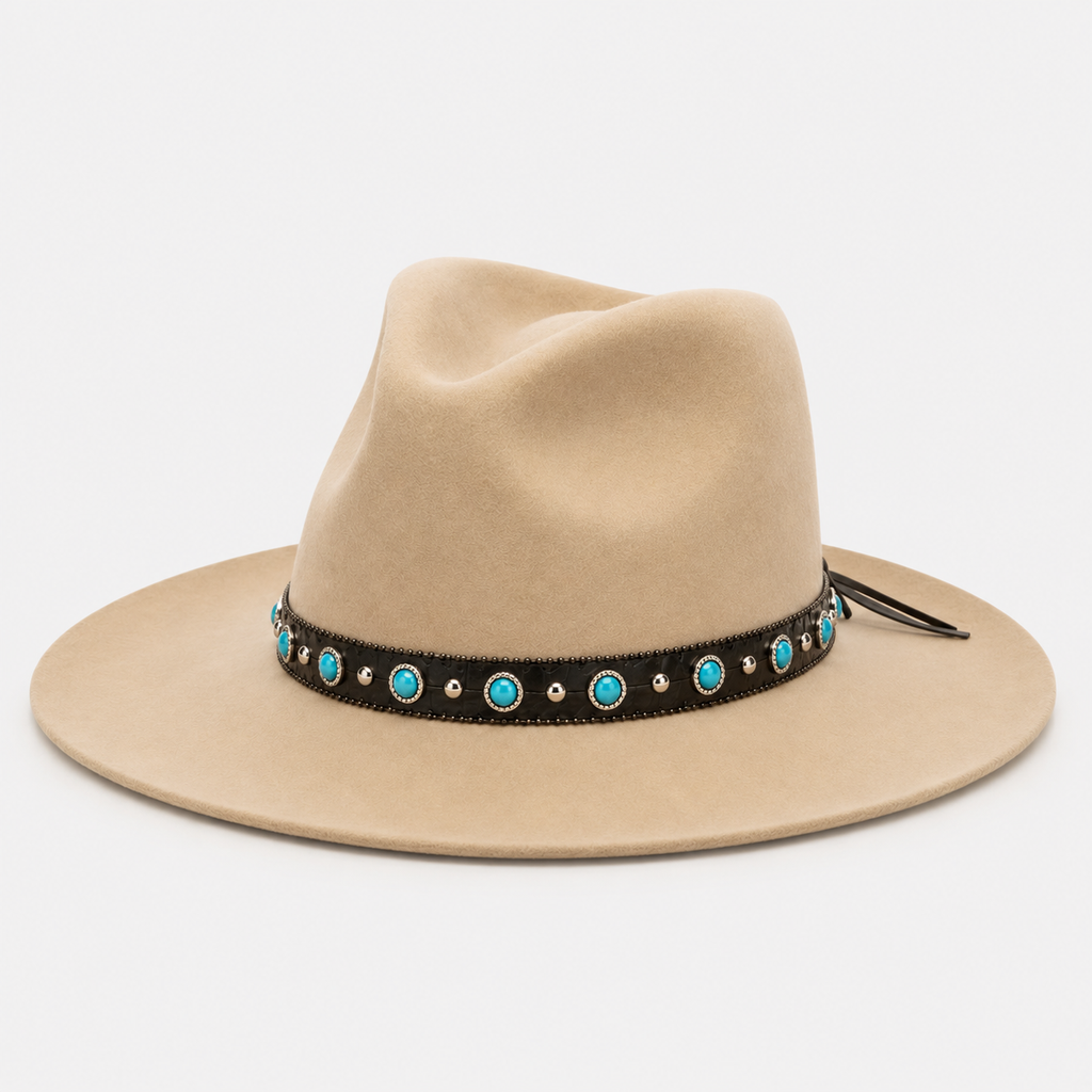 Black Vegan Leather Hat Band with Turquoise Stones