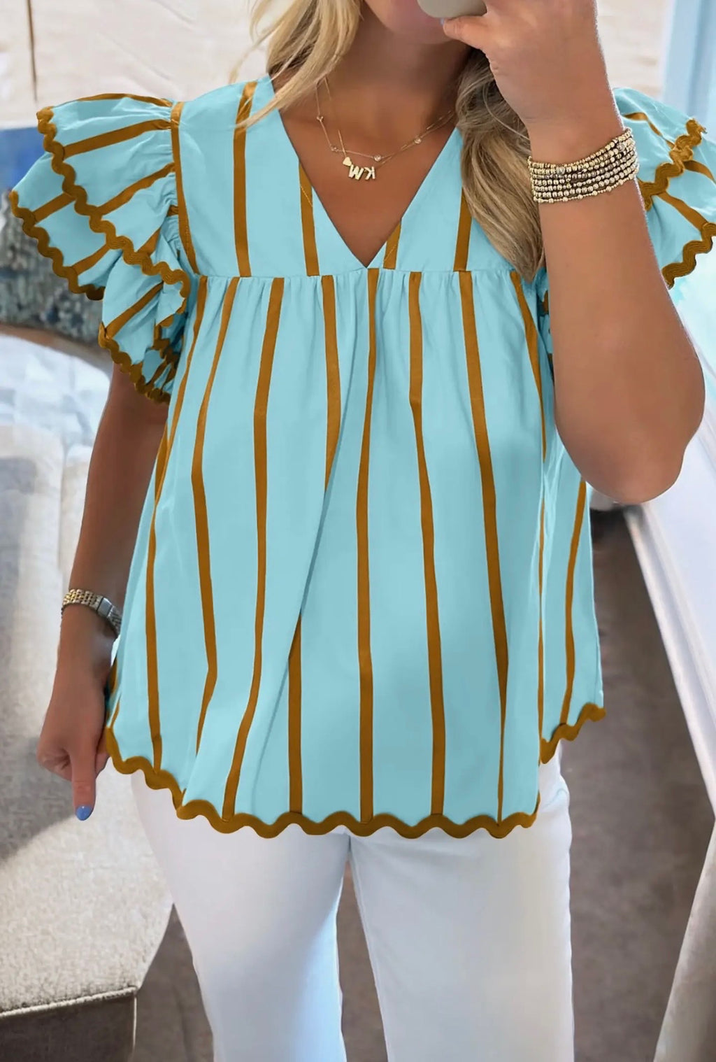 Sky Blue stripe rica trim double ruffled v neck blouse