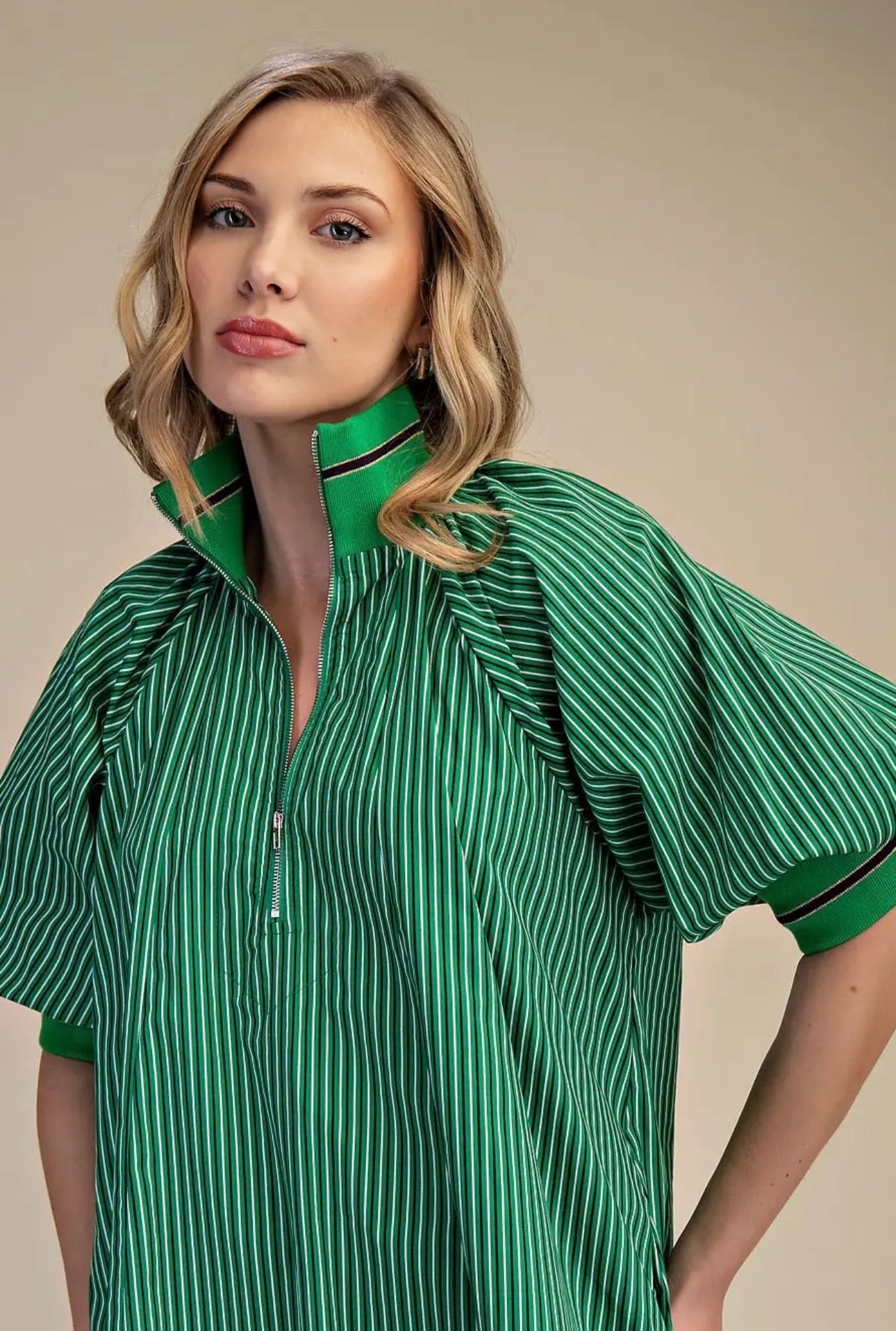 Mock Neck band Puff Sleeve Dress Kelly green