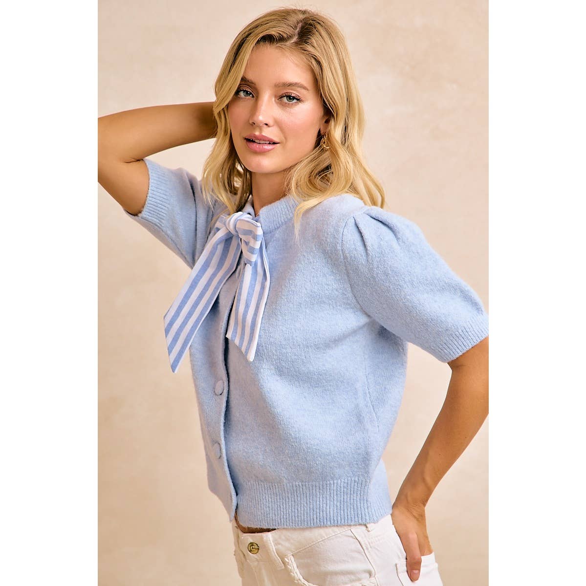 LIGHT BLUE BOW TIE SHORT SLEEVE KNIT CARDIGAN