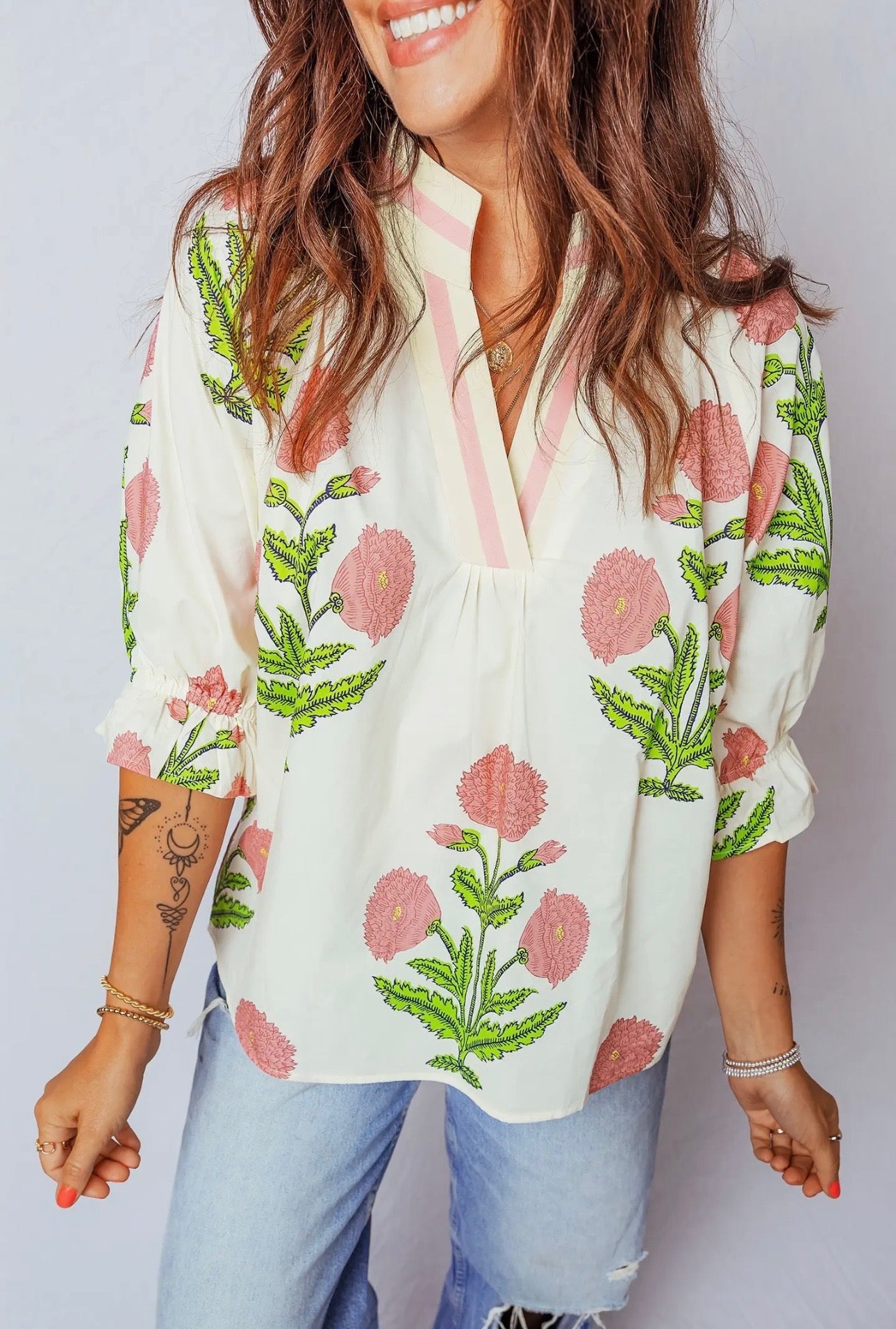 Plus Wild Flower Print V Neck 3/4 Sleeve