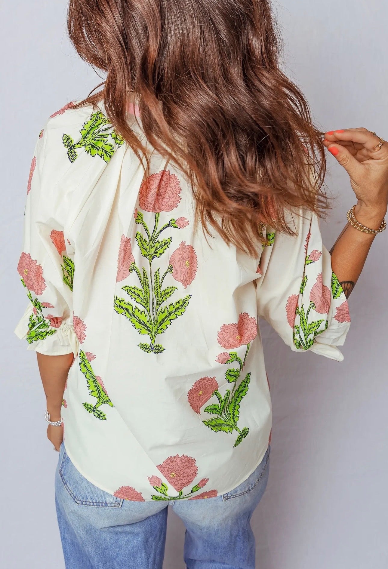 Plus Wild Flower Print V Neck 3/4 Sleeve