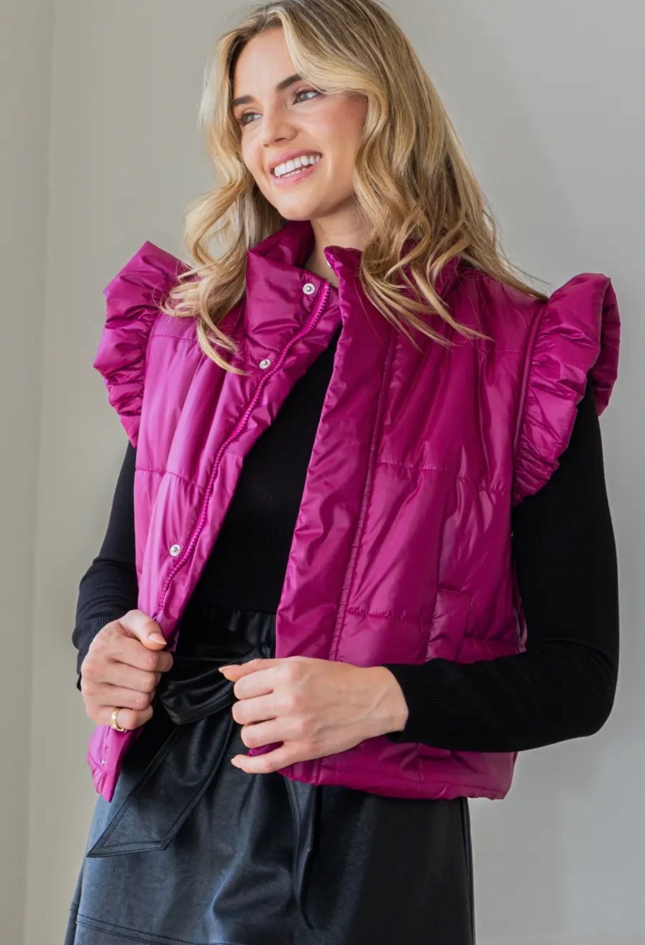 Plus Puffer Vest With Shoulder Ruffle